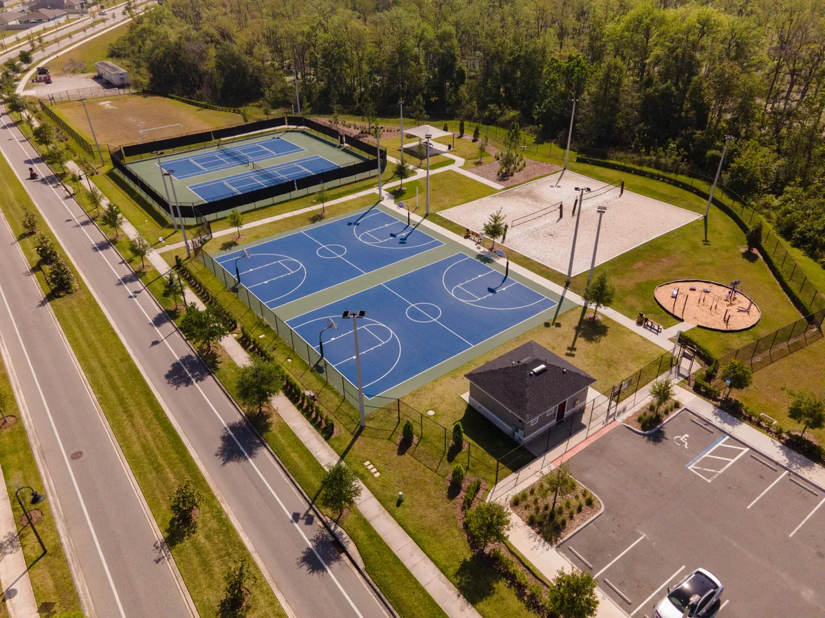 Aerial view of the Storey Creek Sports Plex courts and fields