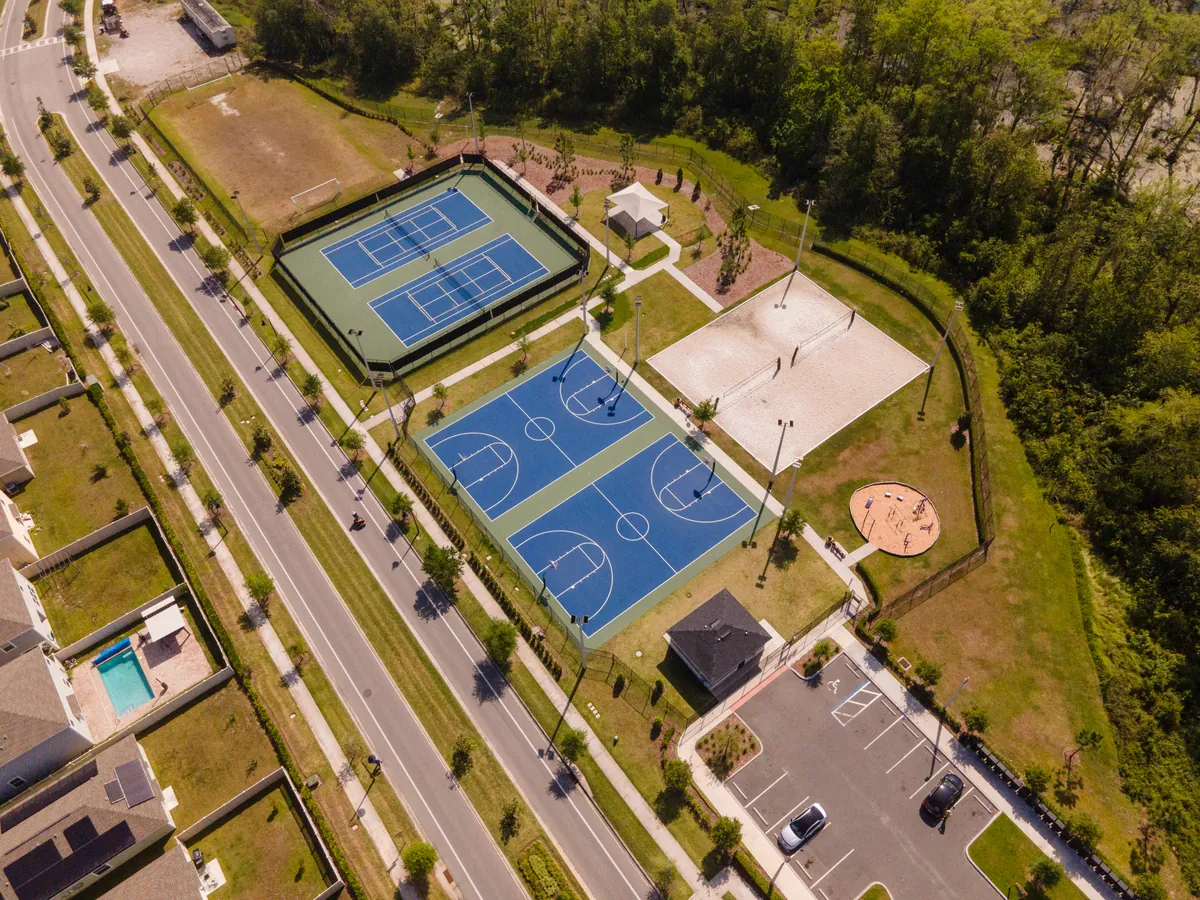 Aerial view of the Storey Creek Sports Plex courts and fields