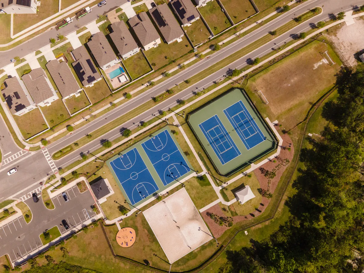 Aerial view of the Storey Creek Sports Plex courts and fields